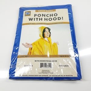 Blue Rain Poncho with Hood, Reusable Poncho